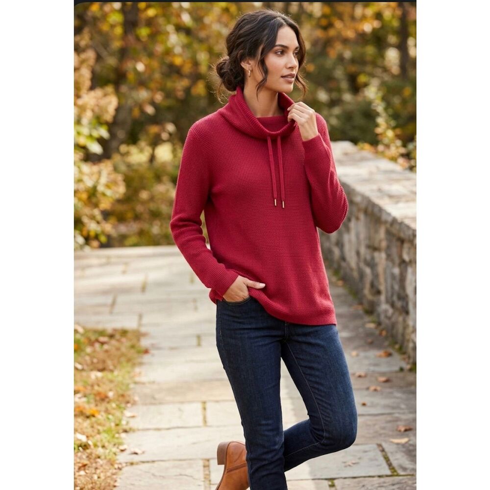 Lauren Ralph Lauren Red Waffle Knit Cowl Neck Sweater XL Cotton Drawstring
